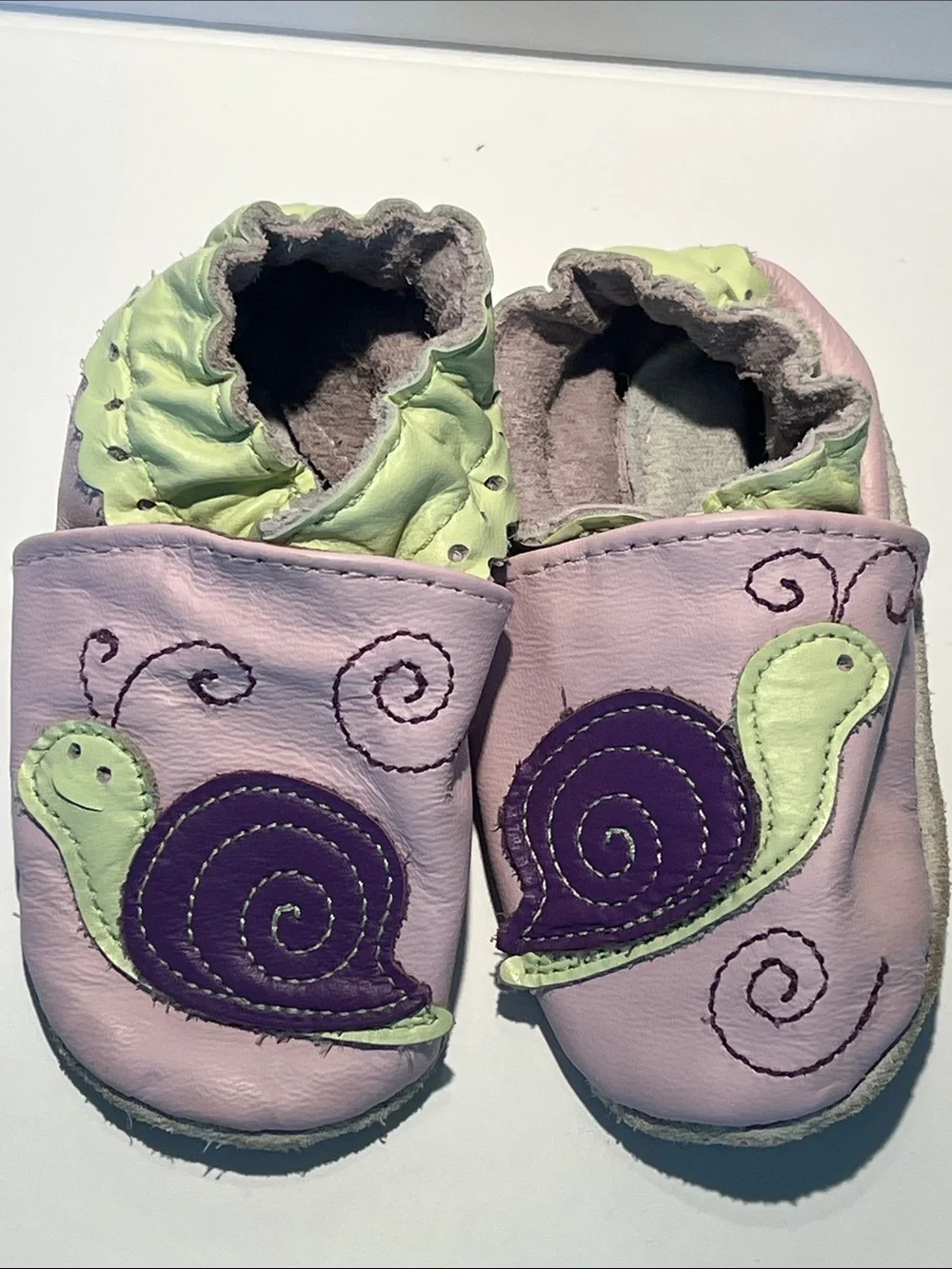 Robeez Lilac and Lime Snail Appliqué Soft Leather Baby Shoes